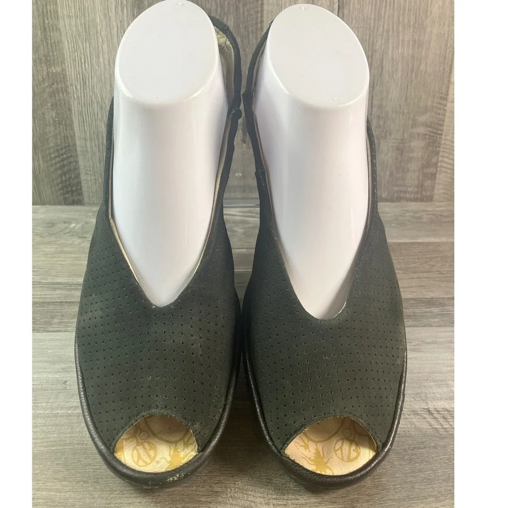 Fly London  Black Perforated Suede Wedge Sandals P500736016 EU 40 US 9-9.5